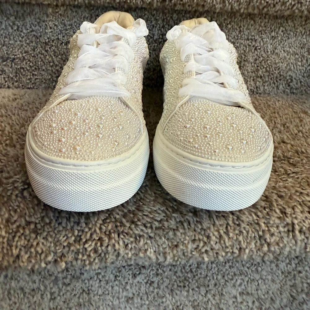 Betsey Johnson Sdny Women’s Cream Beaded Embellished Women's Sneakers - Picture 3 of 14